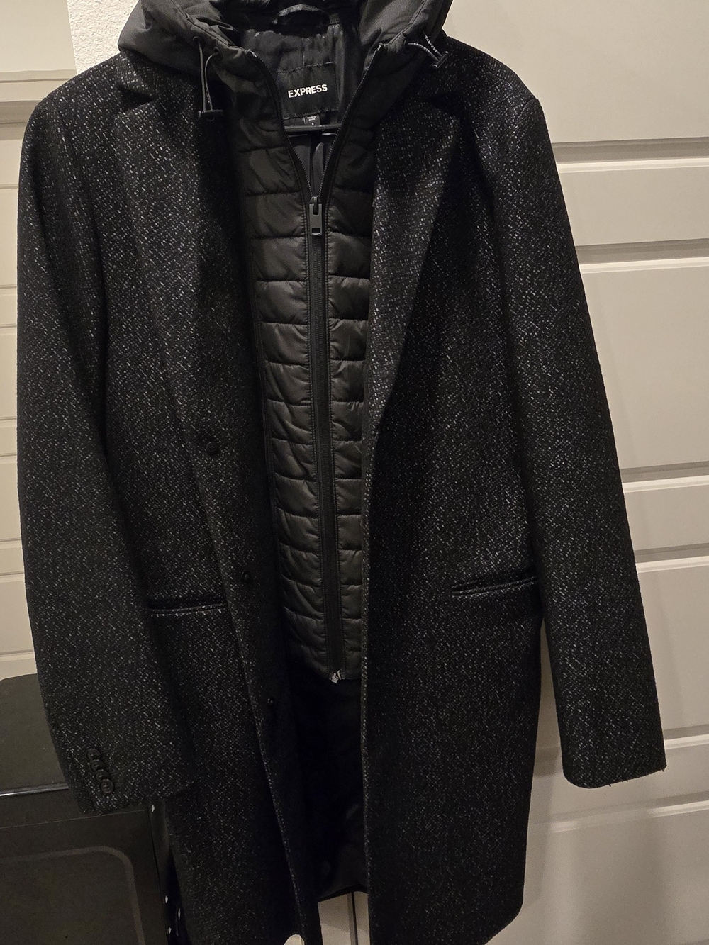 Express Men's Black Wool-Blend Pea Coat with Quilted Zip-In Liner